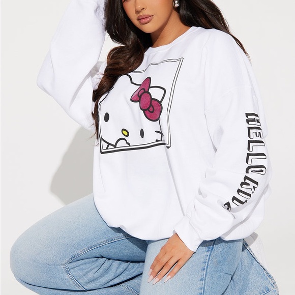 Sanrio Hello Kitty Glitter Crew Neck Long Sleeve Sweatshirt - White size S - Picture 14 of 14